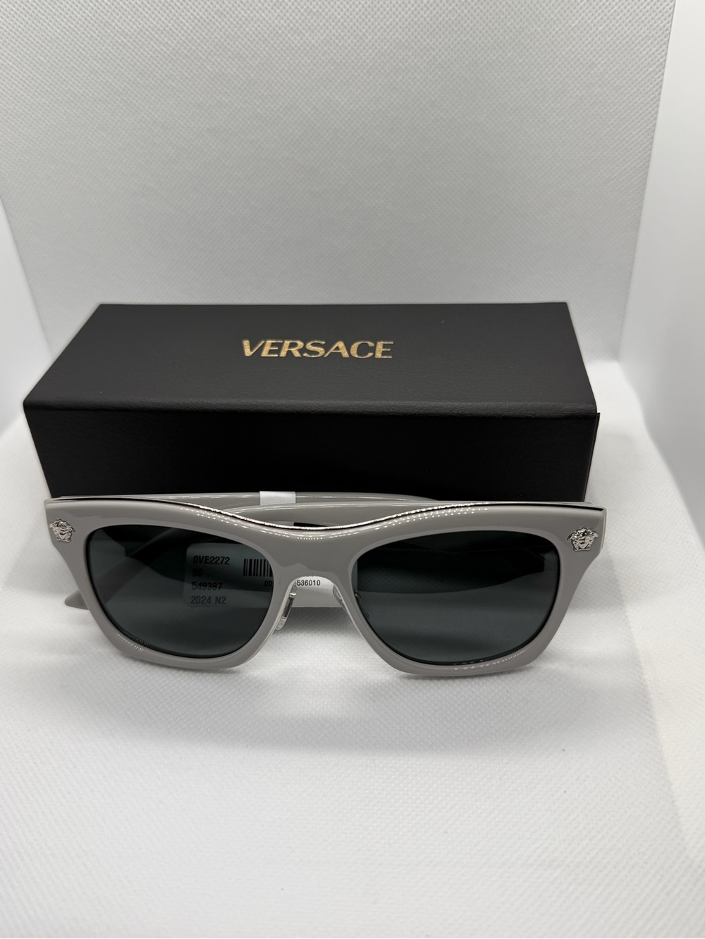 Versace Men’s Silver-Gray Frame Sunglasses with Dark Lenses